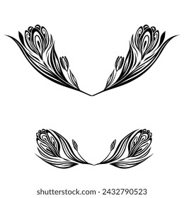 Vector monochrome set of spring flowers frames. Decorative tracery black silhouette border of crocuses isolated from background. Floral template for invitation, cards.