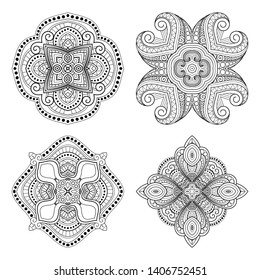 Vector Monochrome Set of Squares. Four Abstract Objects Isolated On White Background. Ethnic Decorative Element