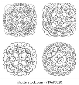 Vector Monochrome Set of Squares. Four Abstract Objects Isolated On White Background. Ethnic Decorative Element