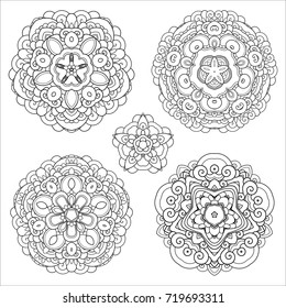 Vector Monochrome Set of Stars. Five Abstract Objects Isolated On White Background. Ethnic Decorative Element
