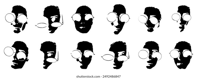 Vector monochrome set of stickers with faces in glasses Stickers with different emotions and facial positions. Icons for messages, Halloween greetings and creating a special atmosphere, business. 