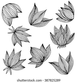 Vector monochrome set of stylized flowers on black background. Decoration and design element for rooms, wallpapers, covers. Stationery, floristry, textile.