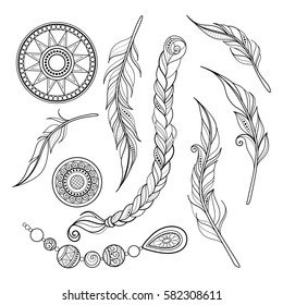 Vector Monochrome Set of Tribal Decorative Objects. Abstract Design Elements with Ethnic Style Ornaments. Folkloric Feathers,  Beades and Coins. Swirl Doodle Style