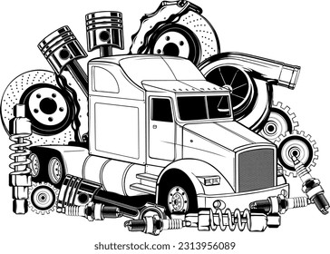 vector monochrome set of a truck with trailer and tank truck