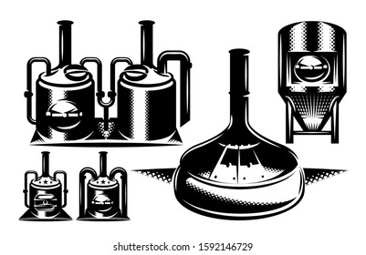 Vector monochrome set of various brewing machines.