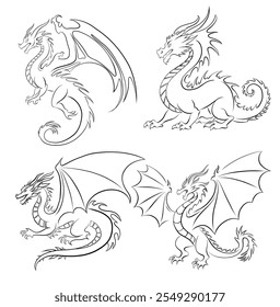 Vector monochrome set of various dragon contour clip arts. Collection of fairytale black outline of dragons isolated from background. Mythological monster for tattoo and icon. Chinese zodiac.