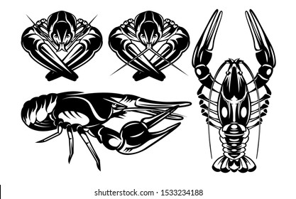 Vector Monochrome Set with Various River Crayfish.