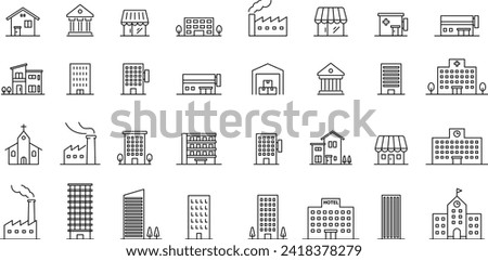 Vector Monochrome Set of Various Types of Building Icons