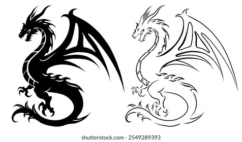 Vektor monochrome Reihe von bewegten Clip Arts. Sammlung von schwarzen Silhouette und Umriss wütenden Drachen mit Flügeln einzeln auf dem Hintergrund. Mittelalterliches Märchenmonster für Tattoo. Chinesischer Tierkreis.