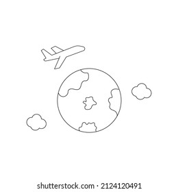 Vector monochrome sign in flat style. Editable stroke. Suitable for web sites, banners, books, articles etc. Line icon of plane flying over Earth planet 