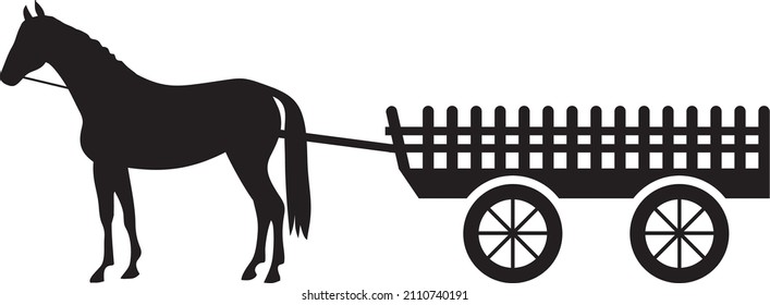 Vector monochrome silhouette of a horse with a cart. The shadow of a harnessed animal.

