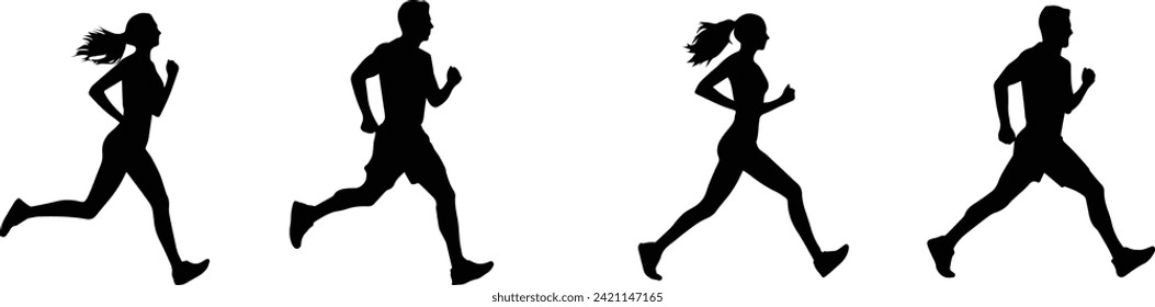 Siluetas monocromáticas vectoriales de hombres y mujeres que caminan y corren
