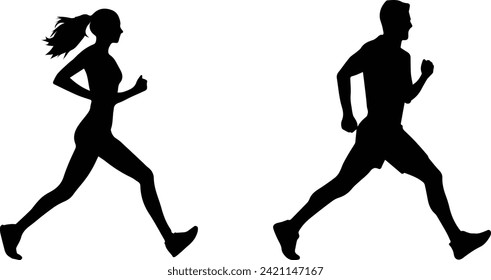 Vector Monochrome Silhouettes of Walking and Running Men and Women