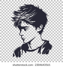 Vector monochrome simple graphic portrait of a cute sad teen boy with tousled haircut. Sticker or icon on isolated background.
