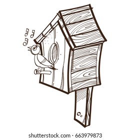 Vector monochrome singing bird near birdhouse. Illustration isolated on white background