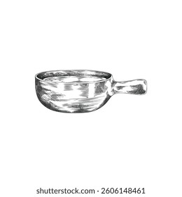 Vector monochrome sketch of caquelon for traditional cheese fondue. Cheese melting tool. Kitchen equipment. Illustration in vintage graphic hand drawn style. Isolated background.