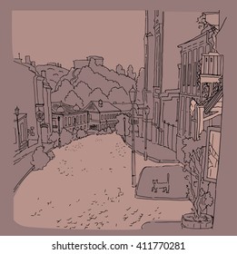Vector monochrome sketch of city town the urban landscape of the old street. St. Andrew s in Kiev, Ukraine, buildings, yard