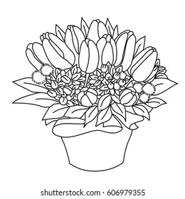 vector monochrome sketch, festive holiday flower bouquet with tulip, twigs and leaves in the box. Hand-drawn style. Design greeting card and invitation.