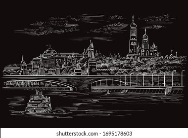 Dibujo monocromo vectorial ilustración de dibujo manual del Kremlin y el terraplén del río en Moscú, Rusia, paisaje urbano.Ilustración aislada de color blanco en el fondo negro.Ilustración bursátil