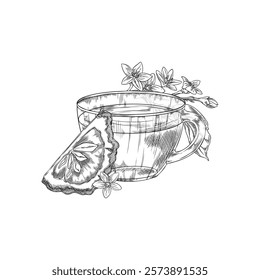 Vector monochrome sketch of mug with tea, piece and branch with bergamot flowers and leaves. Herbal drink. Kaffir lime. Organic ingredient. Black and white outline illustration. Isolated background.