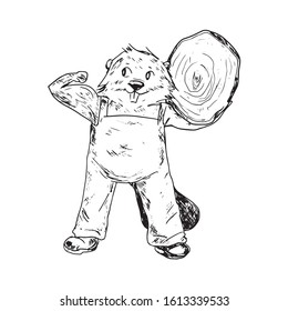 vector monochrome sketch of a smiling strong beaver showing his muscles and keeping a giant log. 