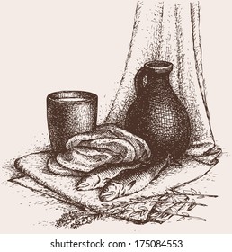 Vector monochrome sketch. Still life of a simple peasant food of biblical times: fish, bread, olive oil in vessel, bitter herbs and wine in cup