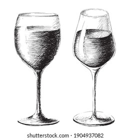 Vector monochrome sketch style illustration of two hand drawn glasses of wine isolated on white background. 