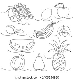 vector monochrome sketchy collection of different fruits - peach, banana, pineapple, apple, pear, cherry, watermelon, grapes - isolated on white.