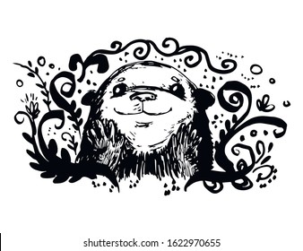 vector monochrome sketchy illustration of a small smiling otter decorated with floral ornament.