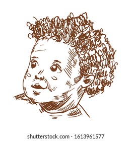 vector monochrome sketchy portrait of a small ebony curly girl isolated on white