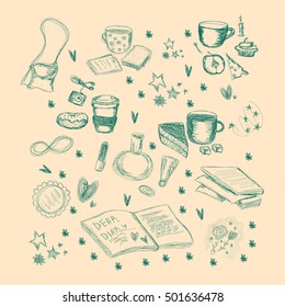 Vector monochrome sketchy set of some girlish life attributes on pink. Design element, decoration of public places, goods and wrapping paper, textile and paper production image.