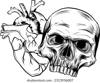 vector monochrome skull with heart on white background