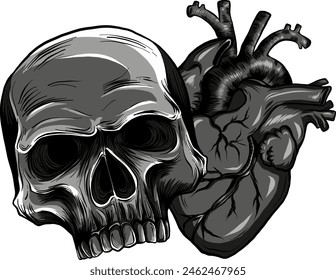Vector monocromo cráneo con corazón sobre fondo blanco