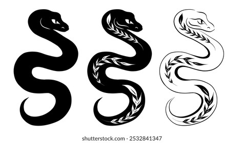 Conjunto de serpiente monocromo de Vector. Colección de serpientes de contorno negro y silueta con patrón de planta aislado de fondo. Símbolo del año Nuevo chino para iconos, logotipos