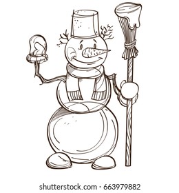Vector monochrome snowman with carrot, scarf, bucket on the head and mittens, broom in his hand. Illustration isolated on white background