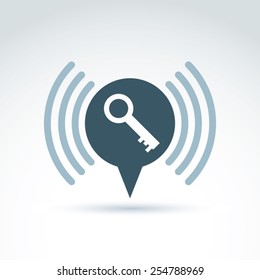 Vector monochrome speech bubble with a key isolated on white background. Signal sign, conceptual privacy icon.  Conversation on protection theme.