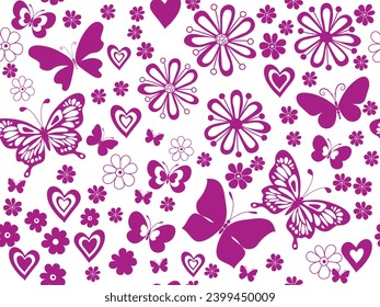 Vector monochrome spring seamless pattern with butterflies, flowers and hearts in doodle style on a transparent background