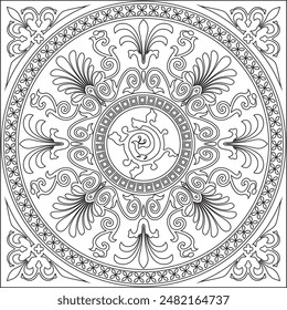 Vector monocromo cuadrado ornamento europeo. Patrón clásico de la Antigua Grecia, Imperio Romano. Plantilla para vidrieras