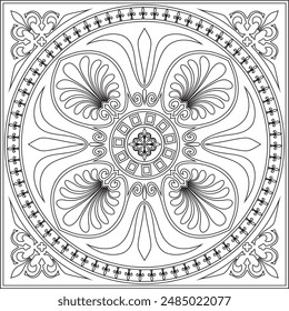 Vector monochrome square European ornament. Classic pattern of Ancient Greece, Roman Empire. Template for stained glass