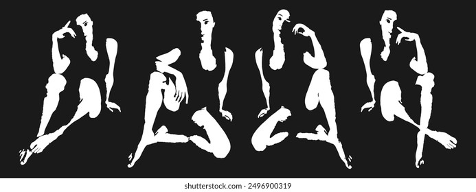 Conjunto de pegatinas monocromáticas de Vector. Pegatinas con diferentes poses corporales. Posiciones de la cara, torso, brazos y piernas. Siluetas de semitono. Iconos para mensajes, creando una atmósfera, Sitio web, avatar. 