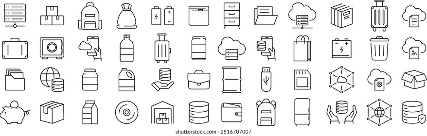 
Vector Monocromo Línea de almacenamiento Art Icon Set