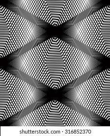 Vector monochrome stripy illusive endless pattern, art continuous geometric background with graphic lines and geometric figures. Kaleidoscope illustration.