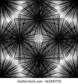 Vektor monochrome Stripie illusionäre endlose Muster, Kunst-kontinuierlicher geometrischer Hintergrund mit grafischen Linien und geometrischen Figuren. Kaleidoskop-Illustration.