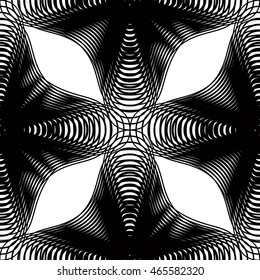 Vector monochrome stripy illusive endless pattern, art continuous geometric background with graphic lines and geometric figures. Kaleidoscope illustration.