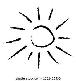 vector monochrome sun illustration, creative black and white hand drawn icon for warm or hot weather design, bright sunburst