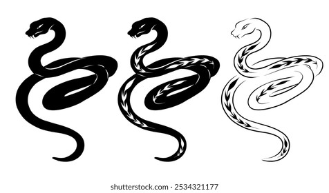 Conjunto de serpiente enredada monocromática de Vector. Colección de serpientes de contorno negro y silueta con decoración de plantas aisladas del fondo. Símbolo del año Nuevo chino para iconos, logotipos