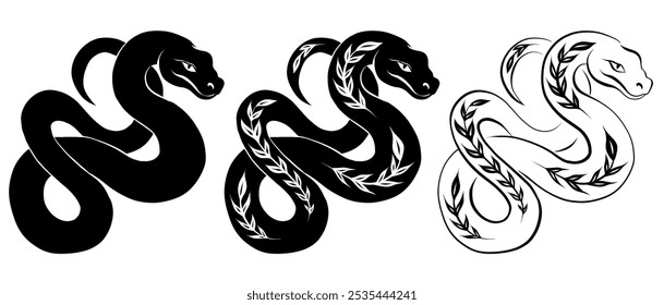 Conjunto de serpiente enredada monocromática de Vector. Colección de pitones de contorno negro y silueta con decoración de plantas aisladas del fondo. Símbolo del año Nuevo chino para iconos, logotipos