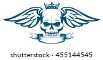 Vector monochrome tattoo or logo with skull, wings, crown and ribbon. Isolated on white background. Design for air force, biker or MMA fighter print