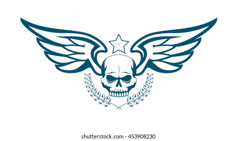 Vector monochrome tattoo or logo with skull, wings, laurel wreath and star. Isolated on white background. Design for air force, biker or MMA fighter print