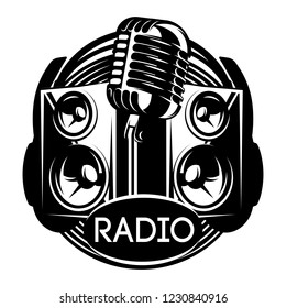Vector monochrome template for design on a musical theme with speaker, microphone, headphones and vinyl.